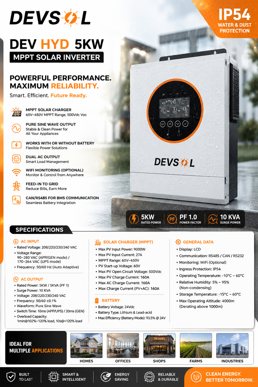 DEV HYD 5KW 24V MPPT Solar Inverter specifications
